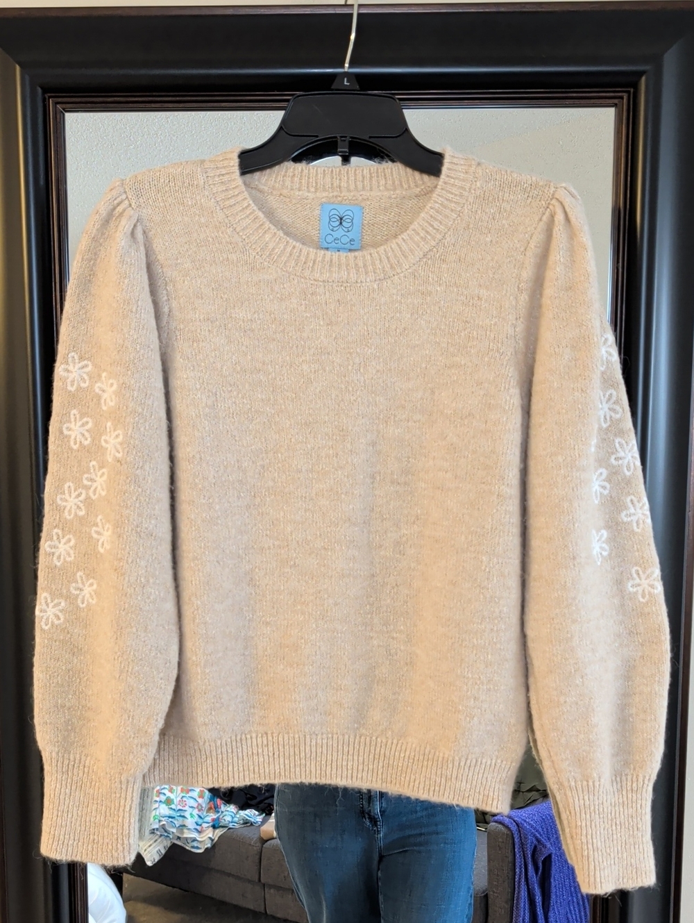 CeCe Beige Puff-Sleeve Sweater with White Floral Embroidery
